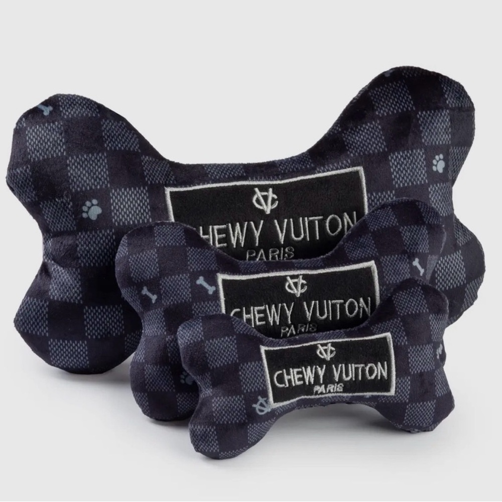 Small BLACK CHECKER CHEWY VUITON BONE SQUEAKER DOG TOY NWT - Picture 2 of 5